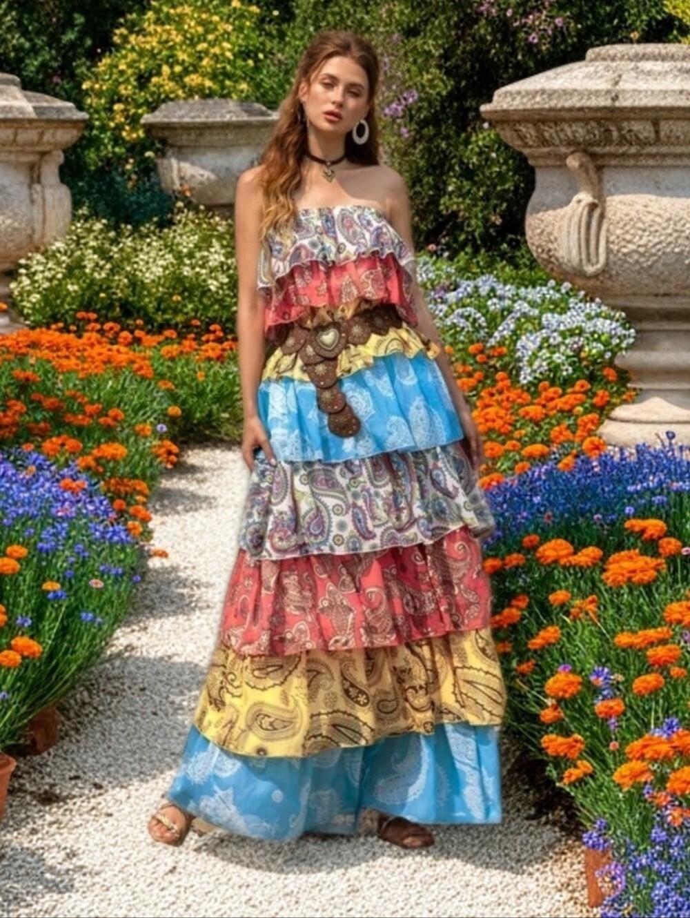 Boho Tiered Strapless Maxi Dress in Multicolor Paisley